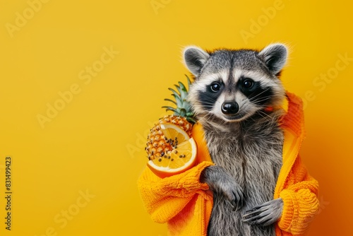 A playful raccoon in a vivid orange sweater holds tropical fruit, creating a humorous, anthropomorphic scene against a yellow backdrop.