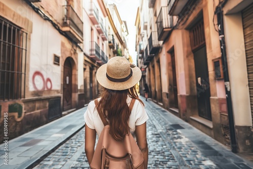 Traveler girl in street of old town in Spain. Young backpacker tourist in solo travel. Vacation, holiday, trip