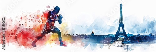 Horizontal banner, watercolor illustration, Summer Olympic Games, boxer wearing boxing gloves against the background of the Eiffel Tower and city panorama, free space for text, copy space