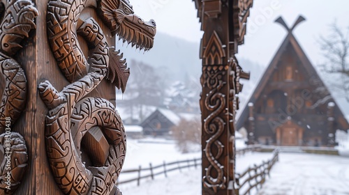 Norwegian stave church archivolts feature wooden dragons and Viking patterns, set against snowy villages and mountains.