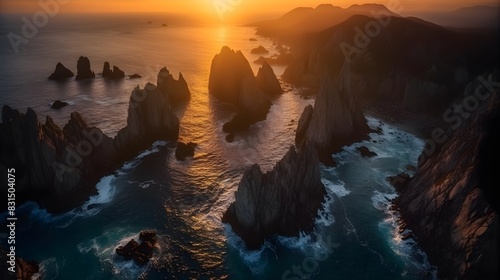 Dramatic coastal cliffs and rock formations illuminated by the warm hues of a setting sun over a serene ocean landscape.