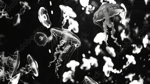  A monochromatic image captures a jellyfish drifting in water, releasing air bubbles from its body
