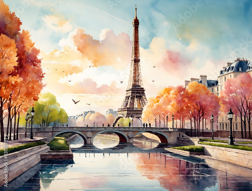 Watercolor with Eiffel tower