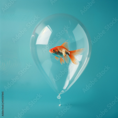 Goldfish in a balloon flying isolated on a pastel blue background. Creative, minimal concept.