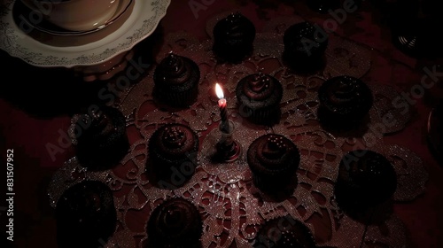  A collection of cupcakes resting atop a doily, adorned with a lit candle in its center