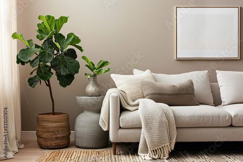 A beige living room with a light grey sofa, white pillows, and a throw blanket, a large fiddle fig plant in a modern vase on a side table, and a neutral color palette.