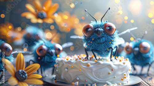 Illustration of flies having a birthday celebration.