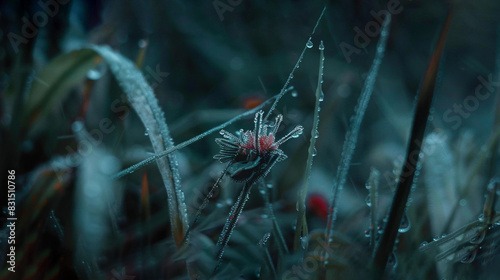  A photo of a plant with water droplets on its leaves, surrounded by a blurred background of grass and flowers