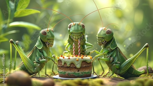 Illustration of grasshoppers having a birthday celebration.