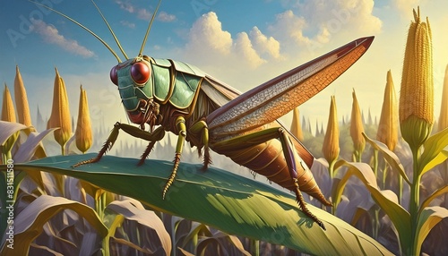A grasshopper in a field of corn