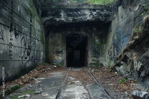 Forlorn and eerie entrance to an abandoned railway tunnel, overtaken by nature and graffiti