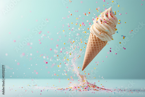 sfondo di gelato a vaniglia cremoso sospeso in aria su sfondo turchese con esplosione di confetti colorati