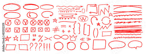 Set of various arrows, symbols, punctuation marks asterisks colons, underscores, crossings drawn in red chalk or pencil. Vector elements strokes pencil or charcoal bubbles wavy lines, swoosh