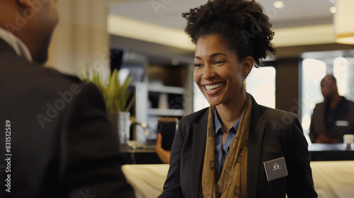 a smiling hotel concierge assisting guests, Hospitality Excellence: Concierge Service at its Finest