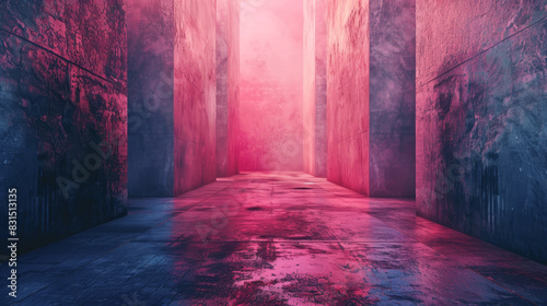 A long, narrow hallway with pink walls and a pink floor