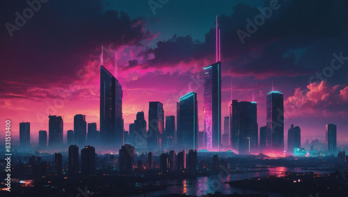 Retrowave cityscape against a dreamy sky, blending cyberpunk vibes with nostalgic city pop aesthetics.