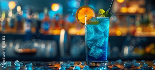 Blue Lagoon Cocktail. Fresh Cocktail Blue Lagoon free space for text food photography close up. Blue Lagoon Cocktail in restaurant postcard banner.