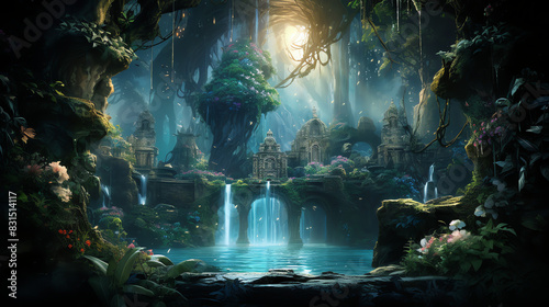 The image depicts a temple hidden in a jungle, with waterfalls flowing down the temple steps.