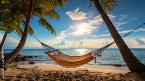 There is a beach with palm trees and a hammock. The ocean is in the background.
