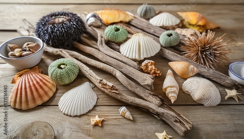 Summer beach vacation background with all kinds of shells, coral, crustaceans, driftwood and other marine life artifacts on old wood