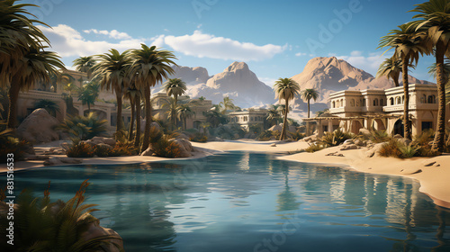 A desert oasis, with palm trees, mountains in the background, and a blue lake in front.