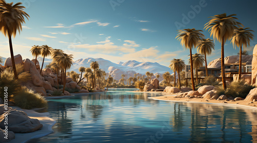 A desert oasis, with palm trees, mountains in the background, and a blue lake in front.