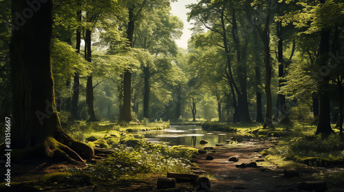 A dense forest with tall trees, green leaves, and a small stream running through the middle.