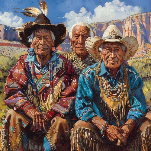 Three Diné Navajo Tribe Native American Men Painting Desert 