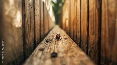  A picture of wood fencing up close with an insect on top and trees behind