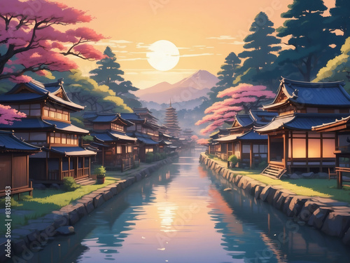 Serene Japanese village at sunrise, Buddhist temples, Shinto shrines, in cozy lofi anime style.