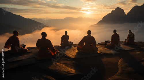 Group of people meditating on a mountaintop. The sun is rising in the background.