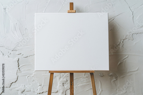 Untouched blank canvas on a wooden easel presents a multitude of possibilities against a creatively textured white wall backdrop