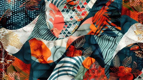 Abstract Textile Design with Geometric and Floral Patterns