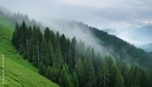 green mountain forest in the fog evergreen spruce and pine trees on the slopes
