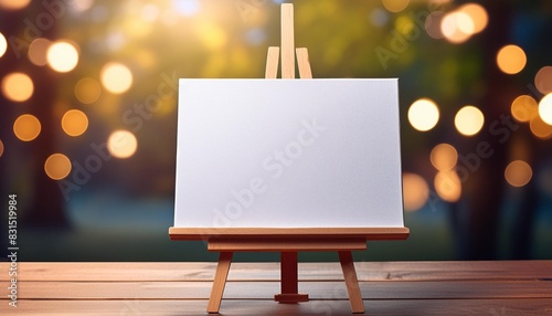 a white canvas on a wooden easel with a white canvas on it