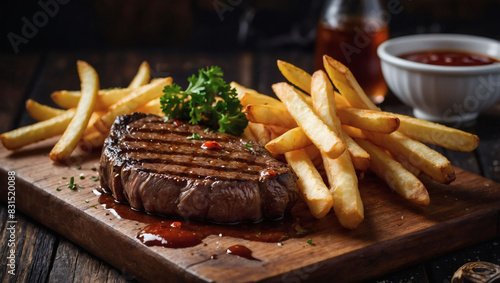 Sizzling steak served with golden French fries on a rustic wooden board, tantalizing the taste buds.