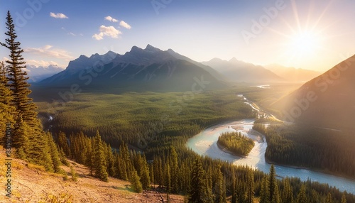 mountain landscape at dawn sunbeams in a valley rivers and forest in a mountain valley at dawn natural landscape with bright sunshine high rocky mountains banff national park alberta canada