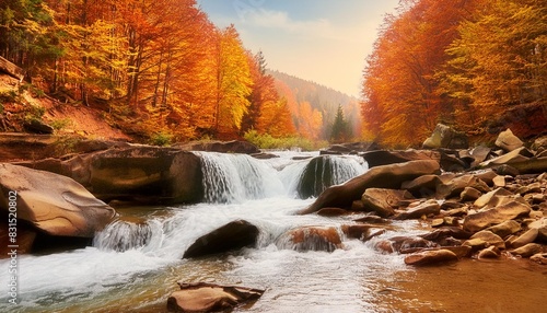autumn landscape view of a mountain river with a cascade of waterfallsin the autumn forest carpathians ukraine