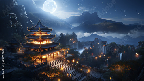 A Chinese-style building with a moon in the background.