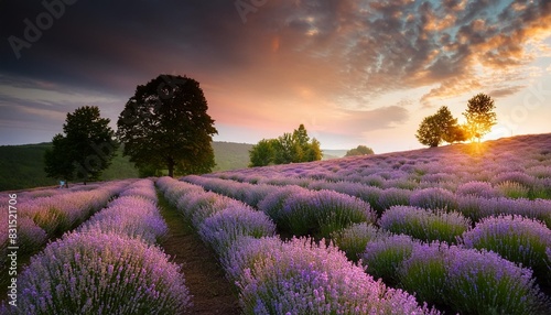 wonderful nature landscape amazing sunset scenery with blooming lavender flowers moody sky pastel colors on bright landscape view floral panoramic meadow nature in lines with trees and horizon