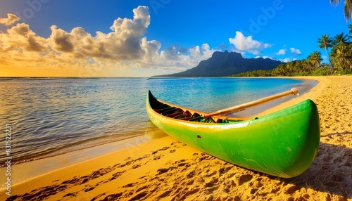 green polynesian canoe on beach