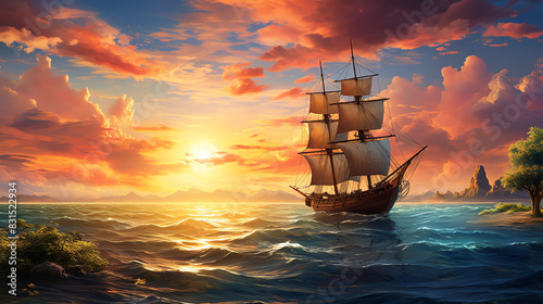 A wooden sailboat with white sails is on a calm sea at sunset.