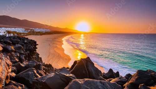 view of a beautiful sunrise light over the volcanic beach morro jable framed by the dark lava rocks in the summertime in fuerteventura canary islands spain