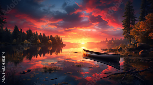 A canoe on the shore of a lake. The sun is setting behind trees on the opposite shore. The sky is a mix of blue, orange, and yellow.