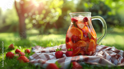 Pitcher of sangria wine cocktail with citrus fruits and strawberries, summer picnic
