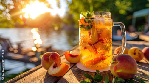 Pitcher of white sangria wine cocktail with peaches on table, summer picnic