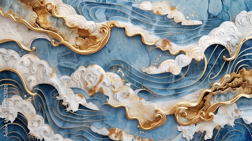 The great big wave of Kanagawa painting reproduction. Old Japanese artwork. Volumetric sea waves.