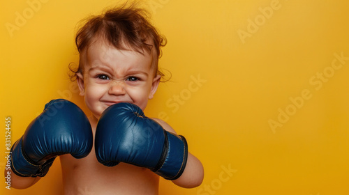 Adorable toddler with blue boxing gloves making a funny face on a yellow backdrop