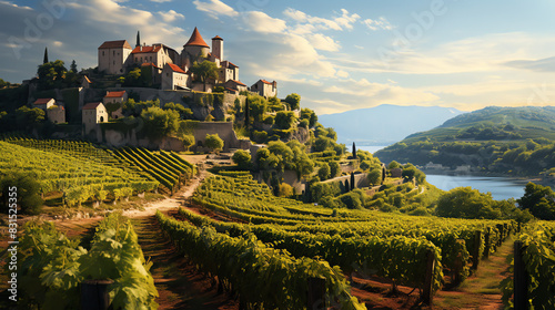A stone castle with overgrown vines sits on a hill overlooking a valley with grape vines in the foreground.