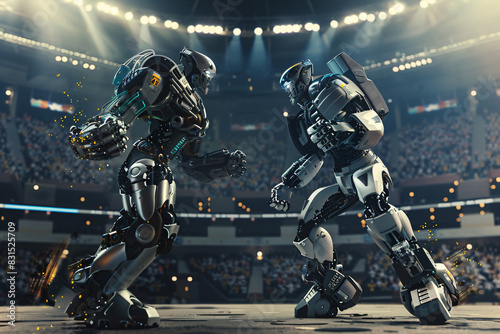 Experience the excitement of a futuristic robot combat arena with advanced technology and intense battles! witness the aggressive confrontation between powerful robots in this mechanical warfare showd